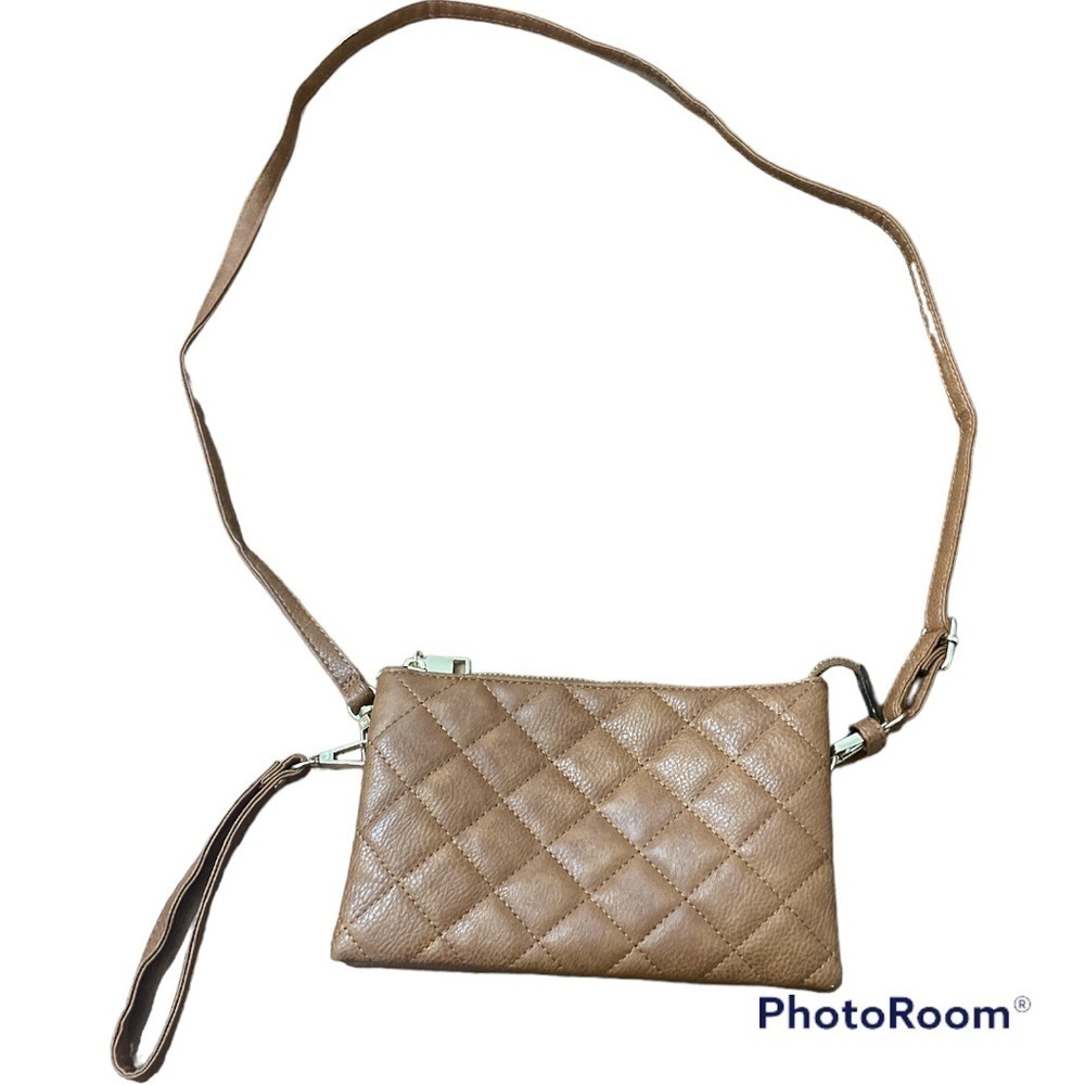 Brown Quilted Leather Crossbody Bag Built-In Wallet Adjustable Strap